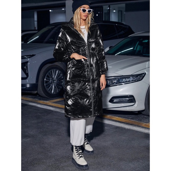 🖤 JET BLACK TALL ZIP UP HOODED DOWN WINTER JACKET! - Picture 6 of 12